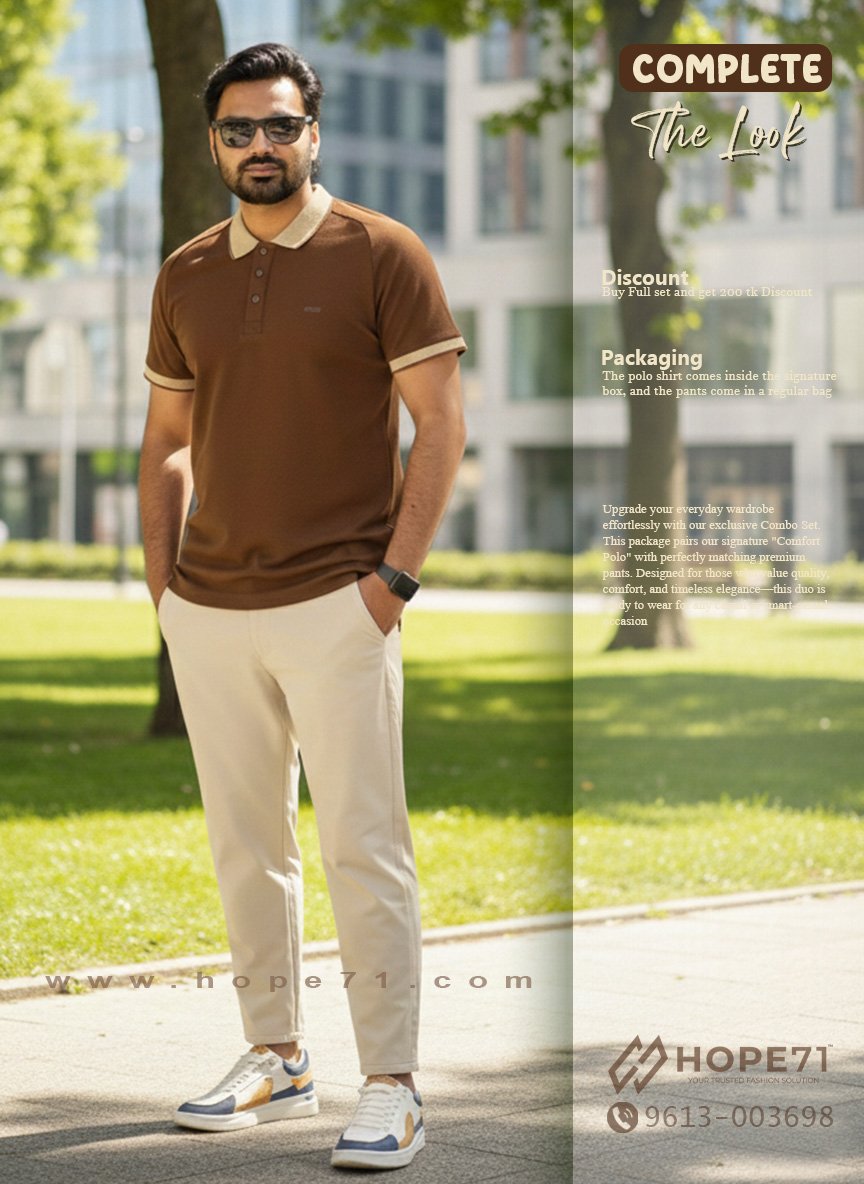 post 3 Brown Polo + Cream Hybrid Pant - Image 1