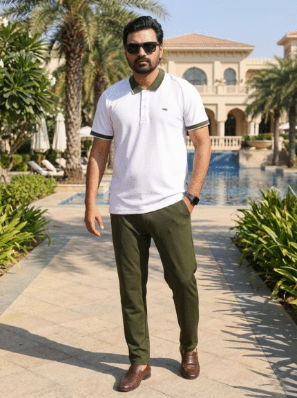 White Polo +Olive Hybrid Pant